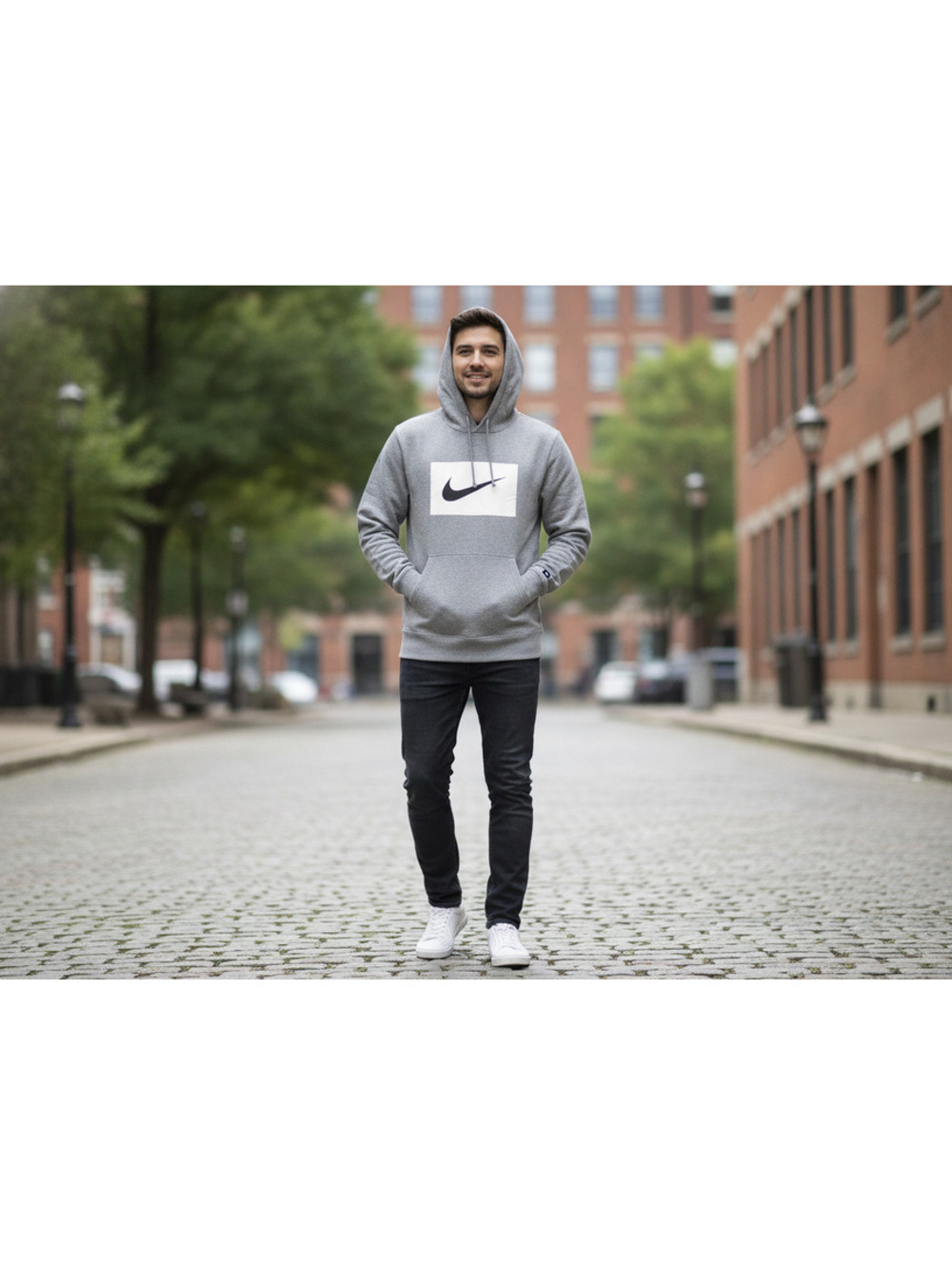 Nike Gray Pullover Hoodie White Box Swoosh Logo Medium